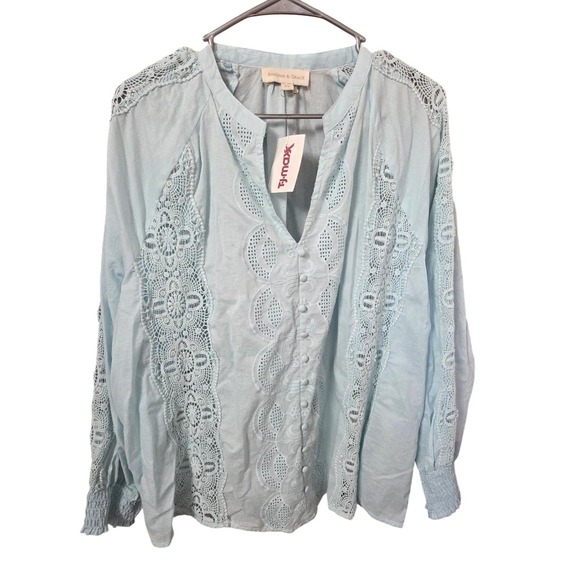 Jennifer & Grace Tops - Jennifer & Grace Peasant Blouse Women Plus 2X Blue Crochet Lace Eyelet Boho